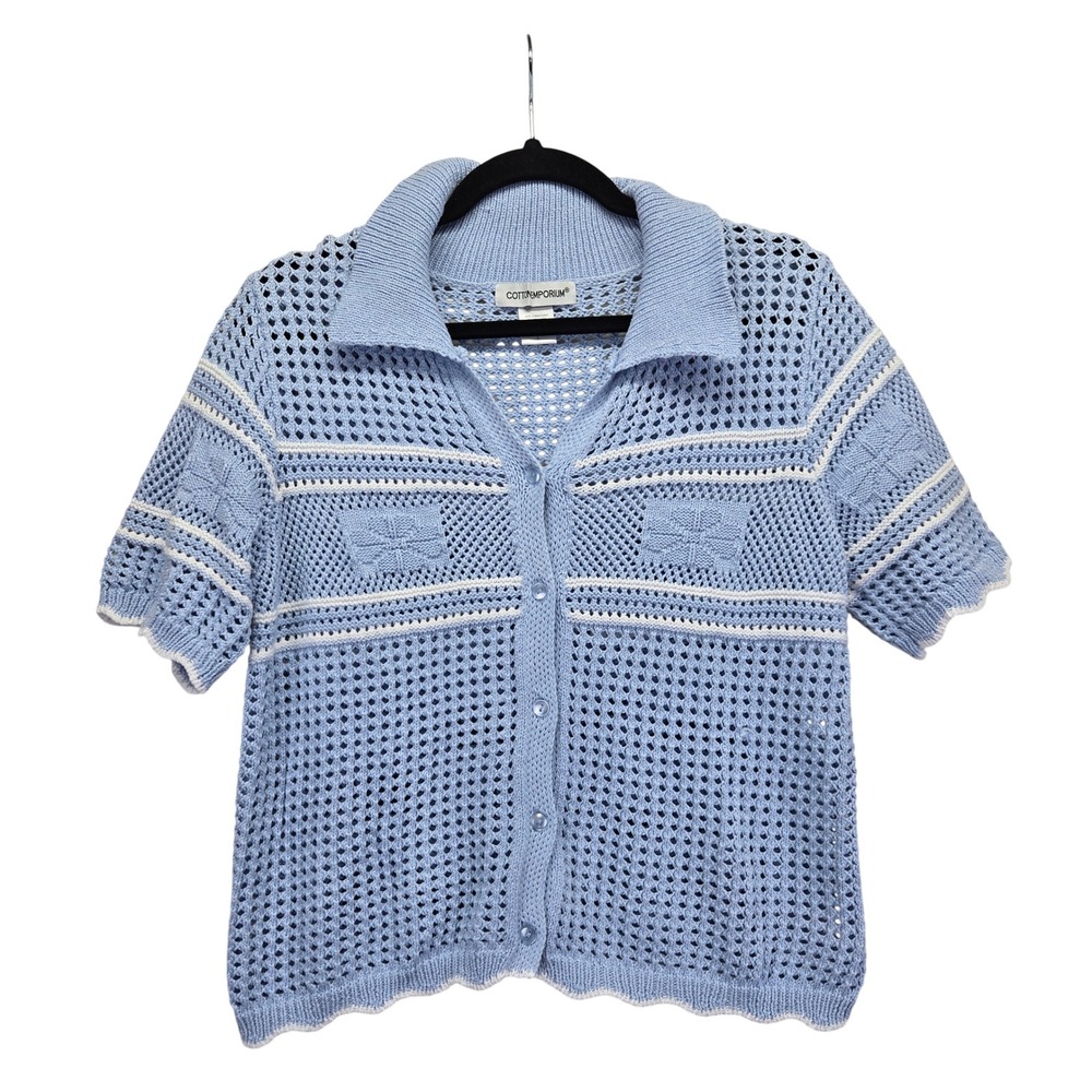 Cotton Emporium Womens Blue Open Knit Short Sleeve Button Up Cardigan Large Crop
